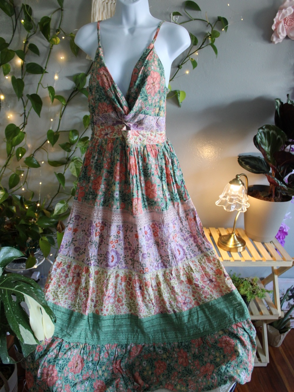 Angie Floral Tiered Maxi Dress in Green, Coral & Lavender - Picture 2 of 9